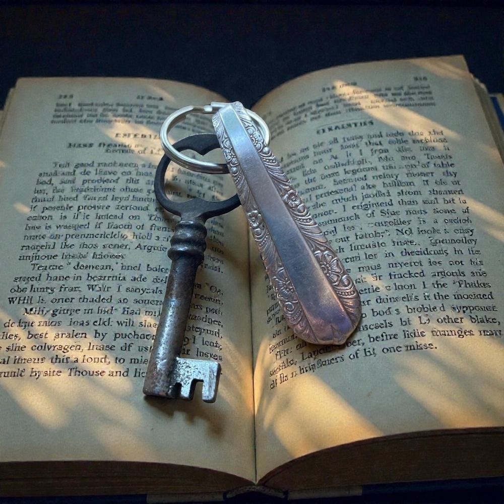 Vintage-Inspired Keychain with Antique Skeleton Key & Ornate Silver plate spoon